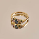 9ct Yellow Gold Sapphire Bouquet Ring with Diamonds and Green, Pink, and Yellow Sapphires.