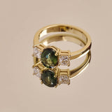 14ct Yellow Gold Green Oval Sapphire and Radiant Cut Diamond Trilogy Ring